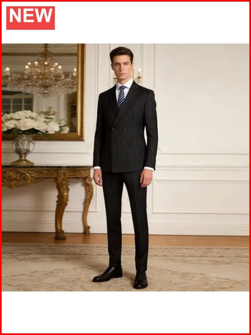 Mens Double Breasted Pinstripe Suit Slim Fit Tuxedo 2 Piece Set for Wedding Prom